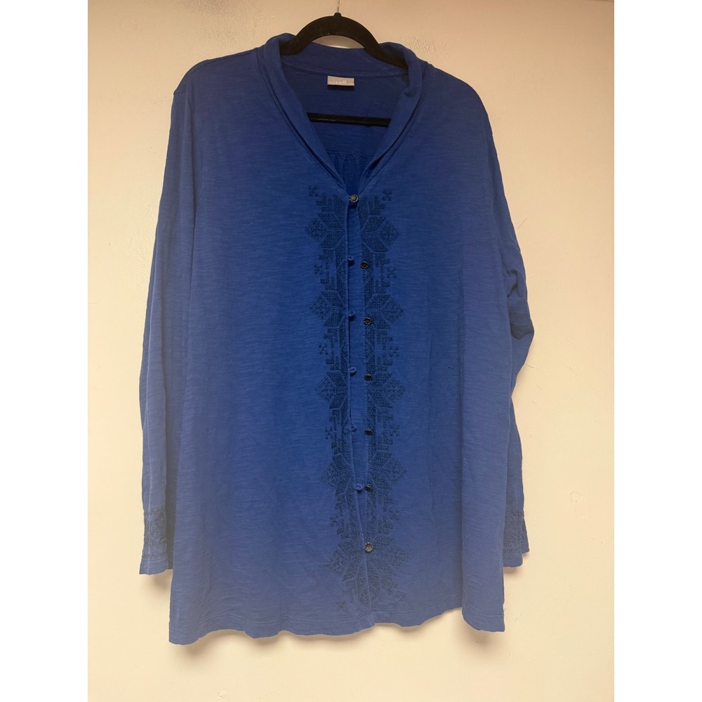 J. Jill Button Front Tunic Womens XL Blue Excellent‎ Cotton Embroidered Slub Top